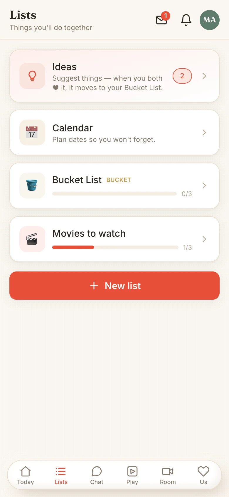 Tandem shared lists and bucket list