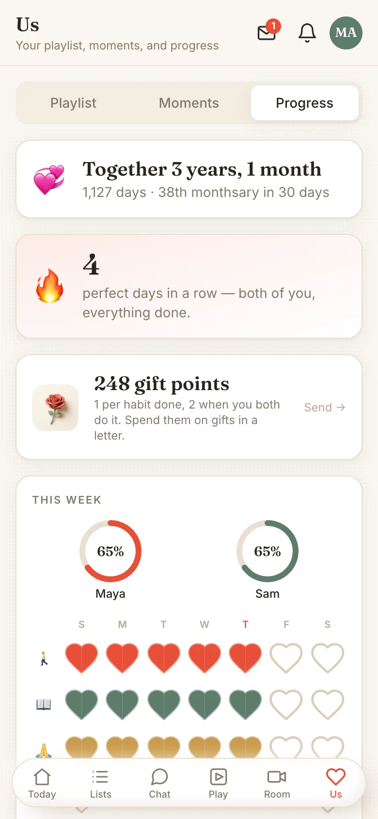 Tandem progress dashboard with streak and heatmap
